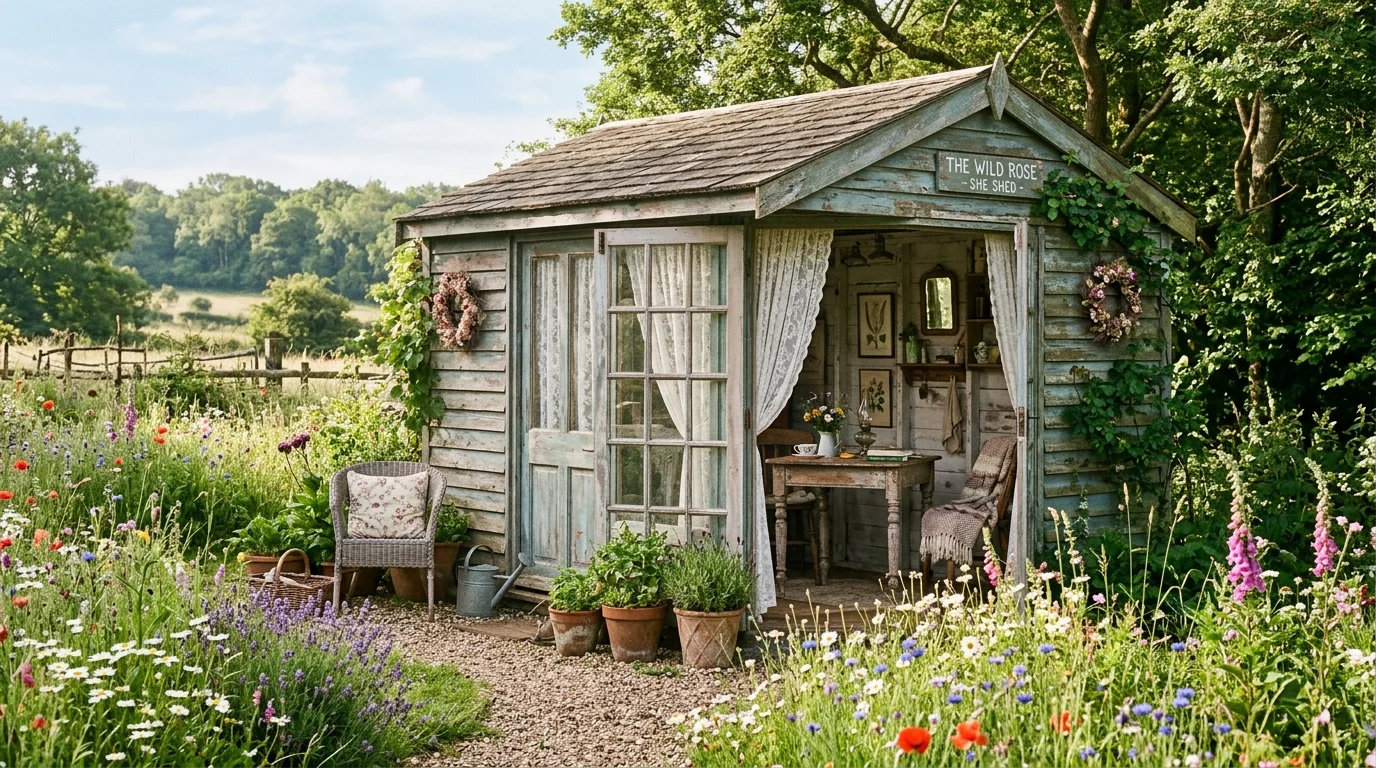 A vintage garden shed styled as a retreat.