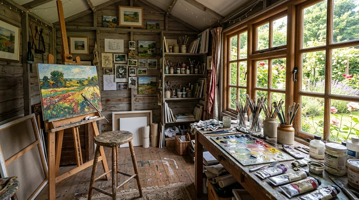 An artistic studio setup inside a she shed.