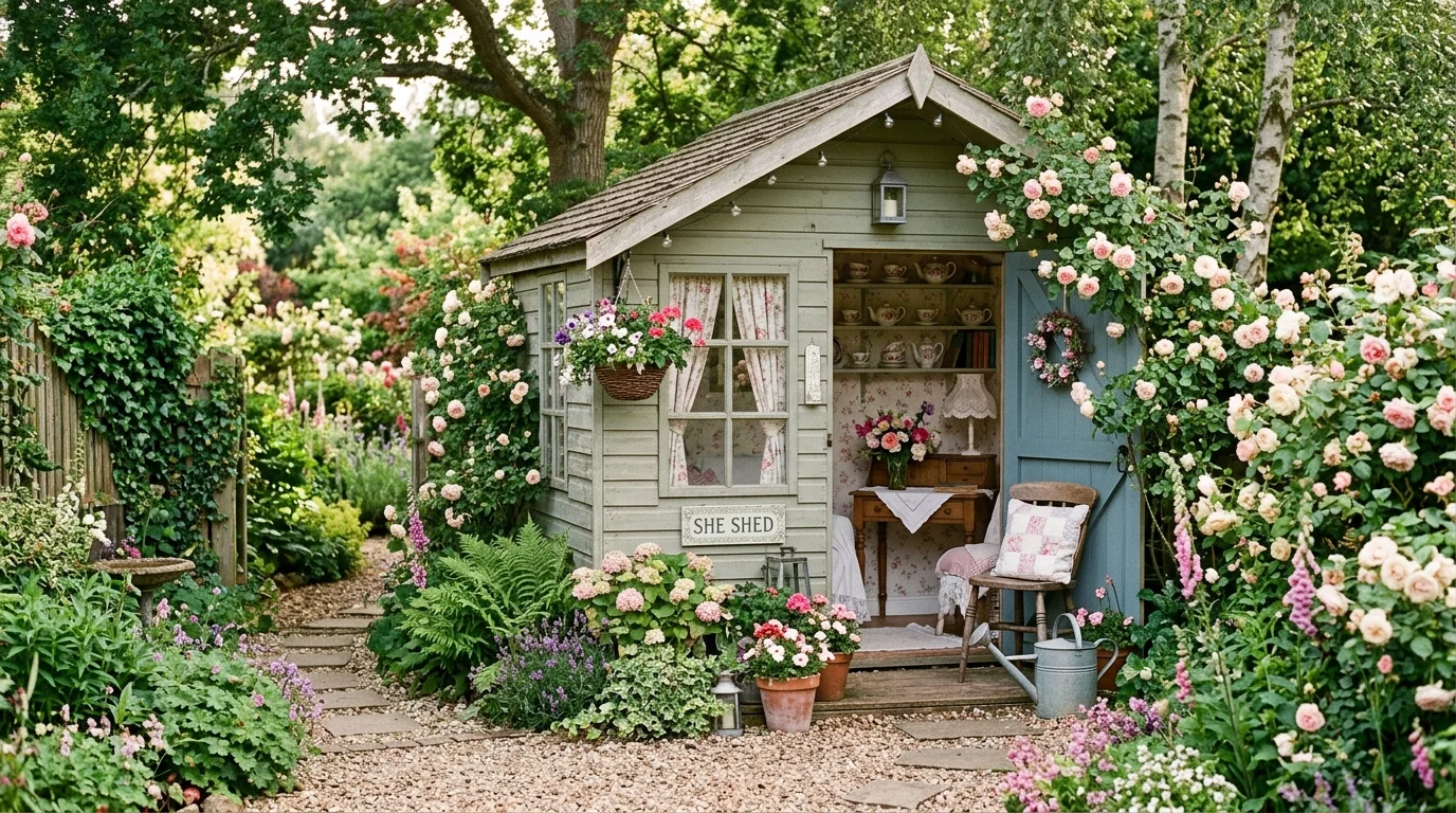 A cottagecore aesthetic styled in a she shed.