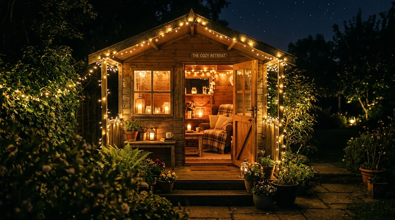 Fairy lights creating a warm glow inside a she shed.