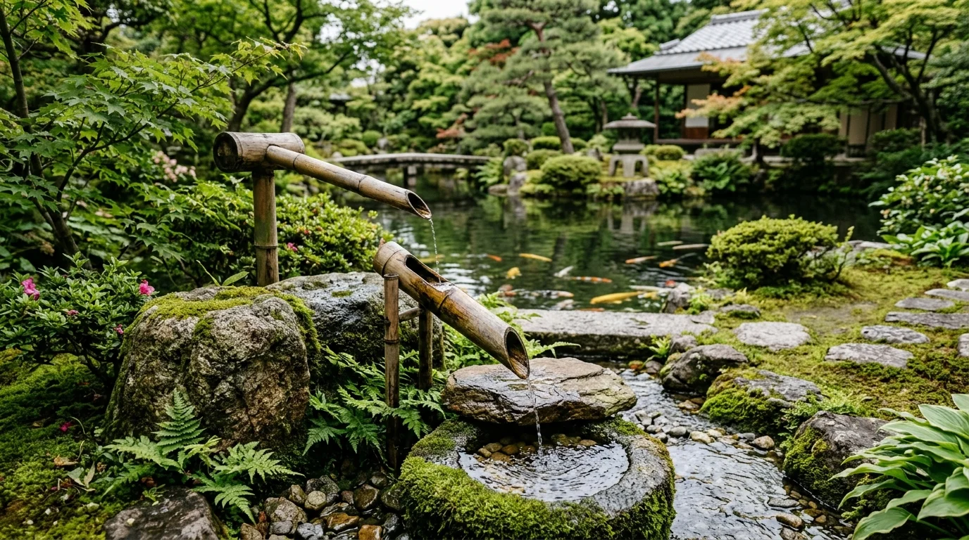 A classic shishi-odoshi bamboo fountain in a zen garden.
