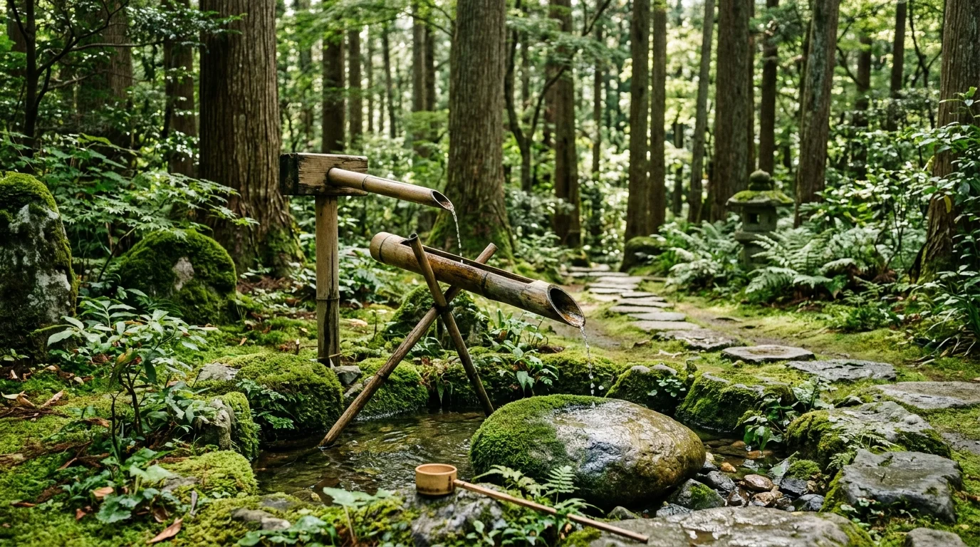 A forest zen retreat with a bamboo fountain.