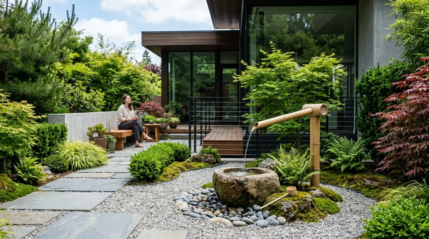 A contemporary home garden feature with a shishi-odoshi.