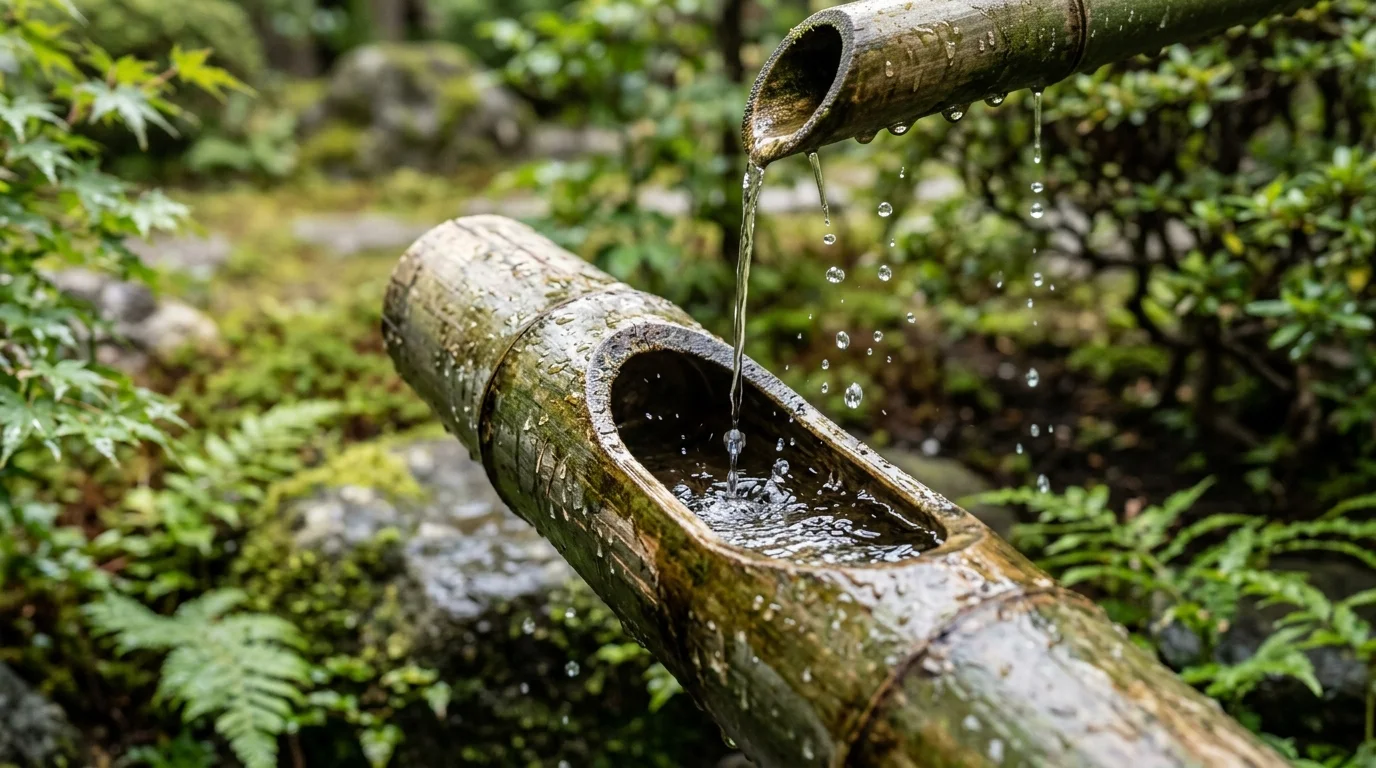 A close-up of bamboo water filling the shishi-odoshi.