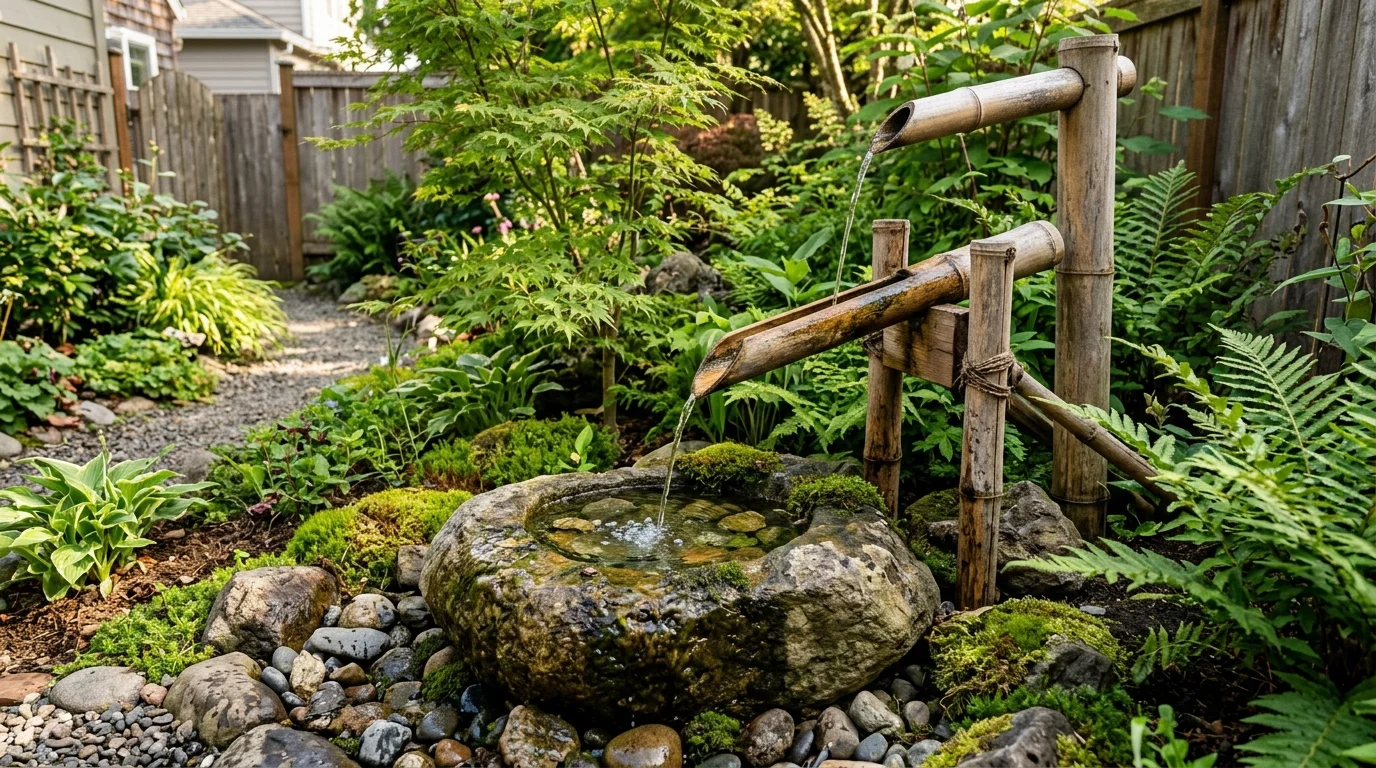 A backyard DIY bamboo fountain in a garden setting.