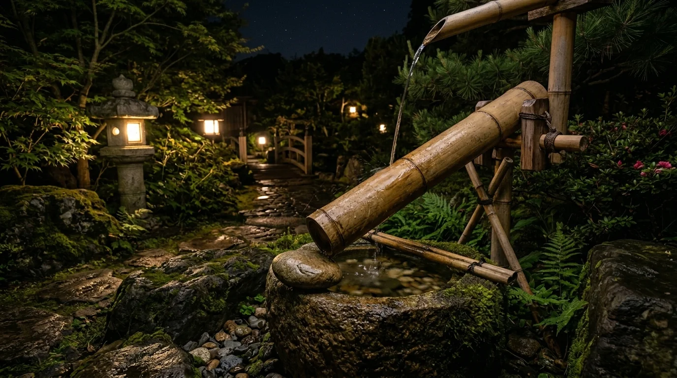 A nighttime lantern garden scene with a shishi-odoshi.