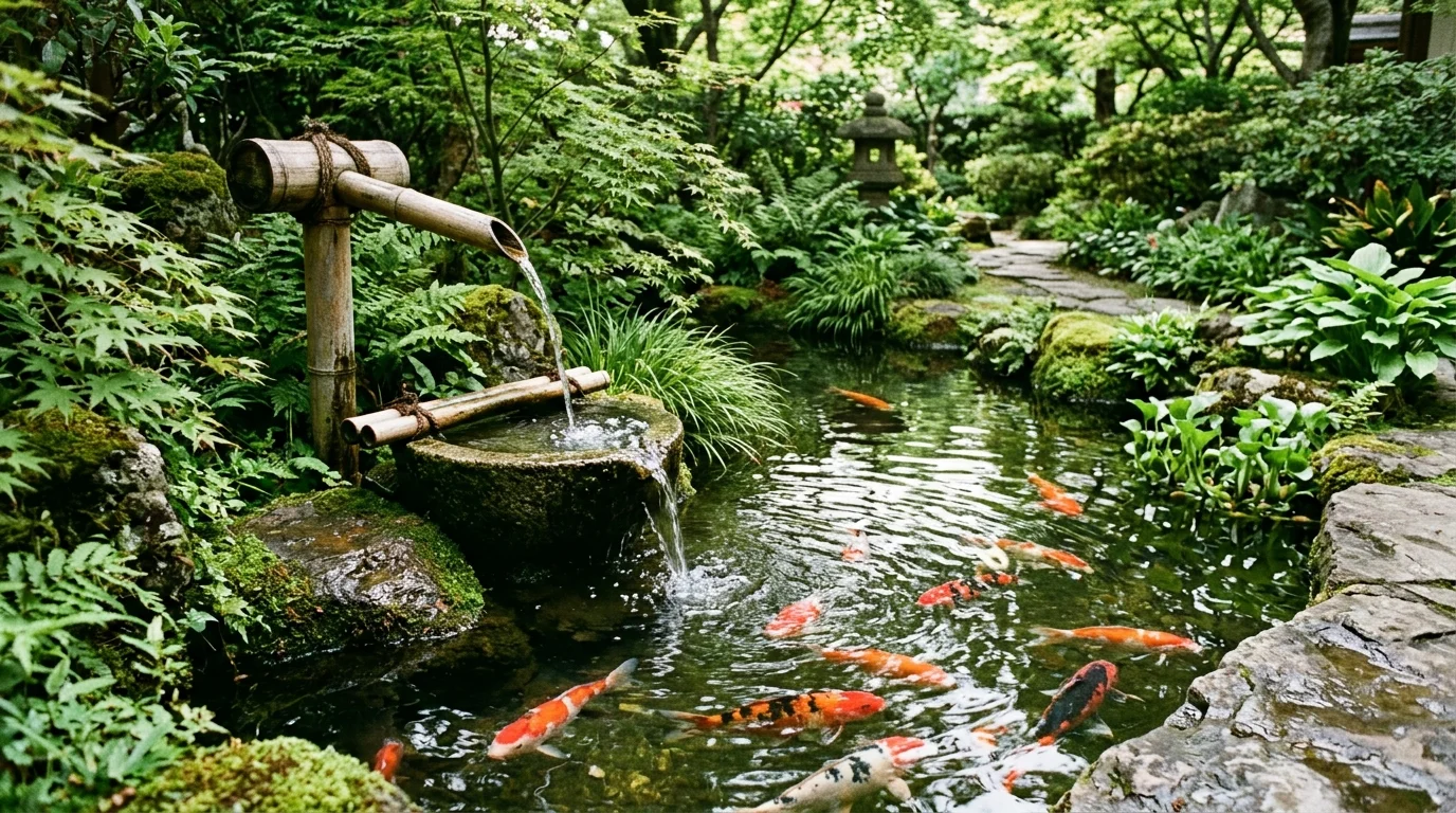 A shishi-odoshi integrated with a koi pond.