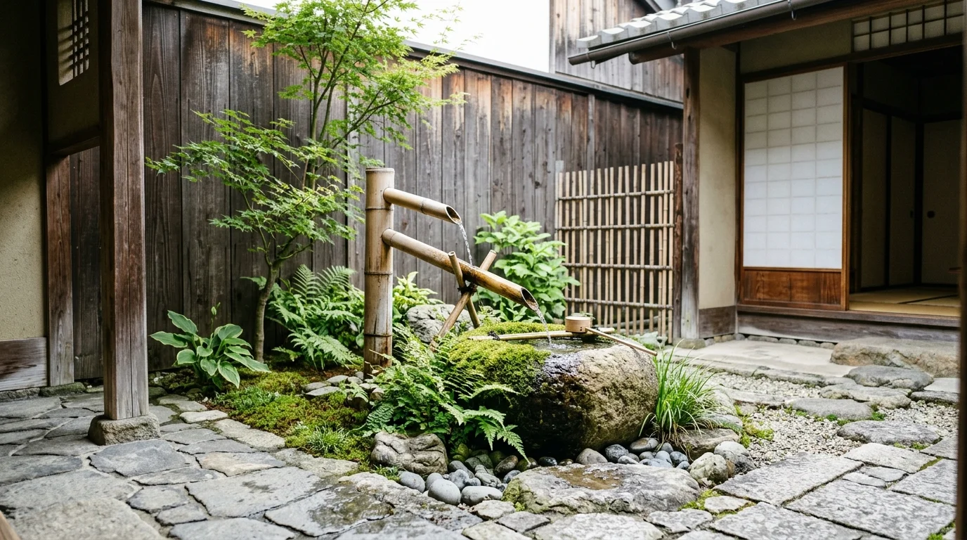 A minimal courtyard fountain featuring bamboo.