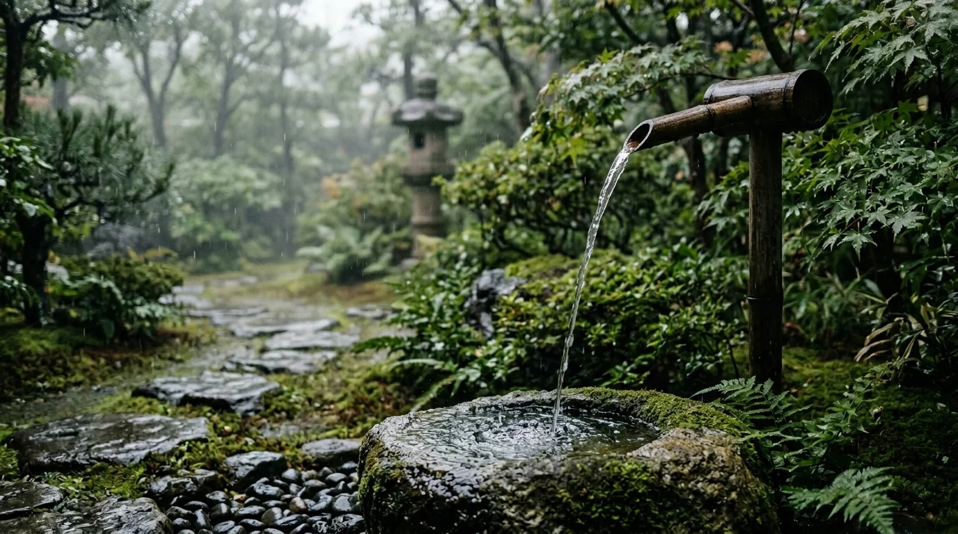 A rainy day zen garden with a shishi-odoshi.