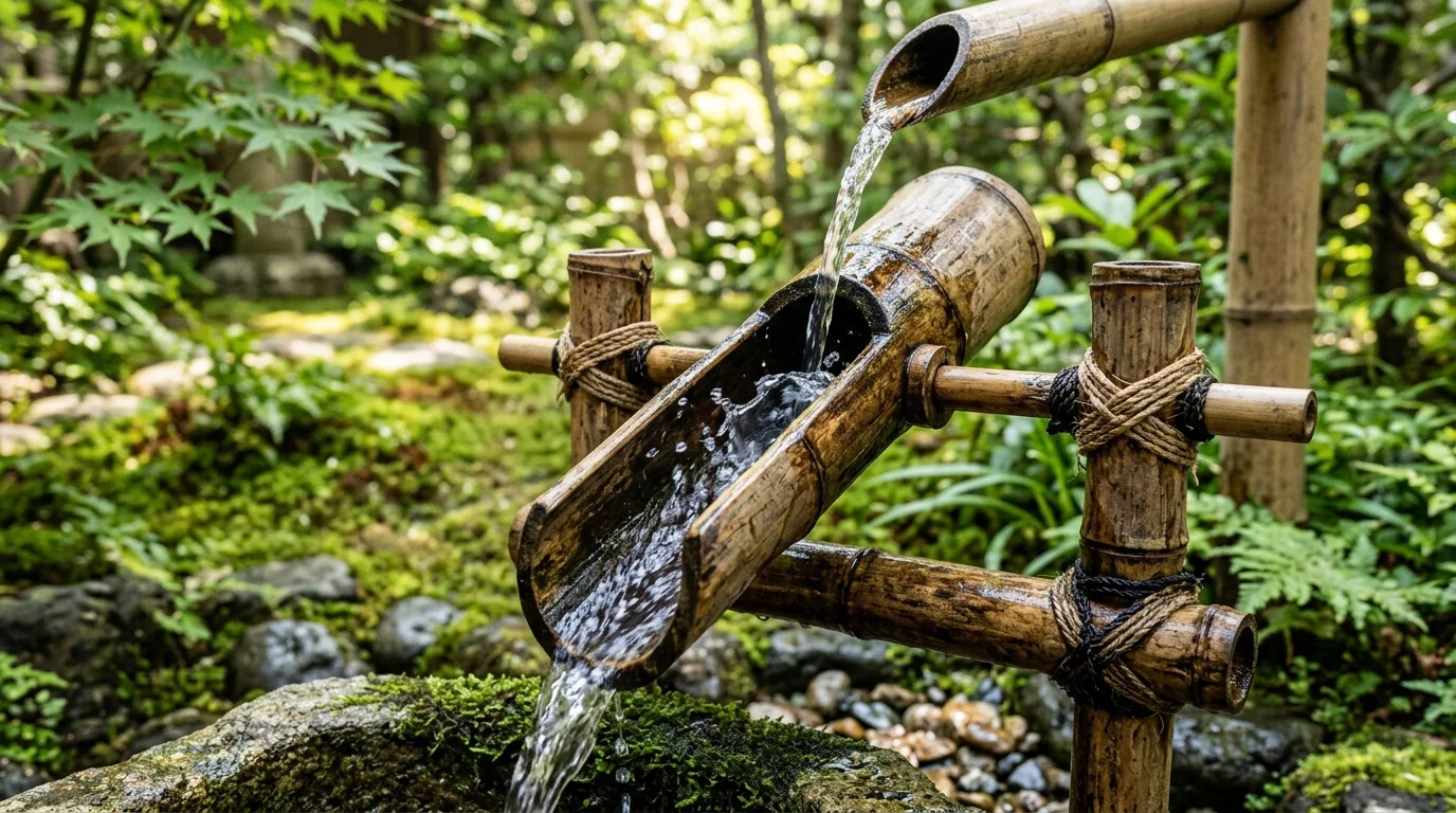A bamboo craft detail shot of a shishi-odoshi.