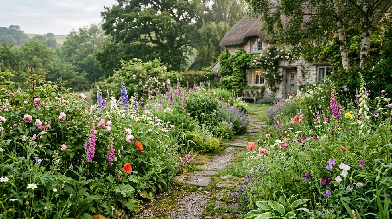 A tiny cottage garden path with soft, romantic planting.