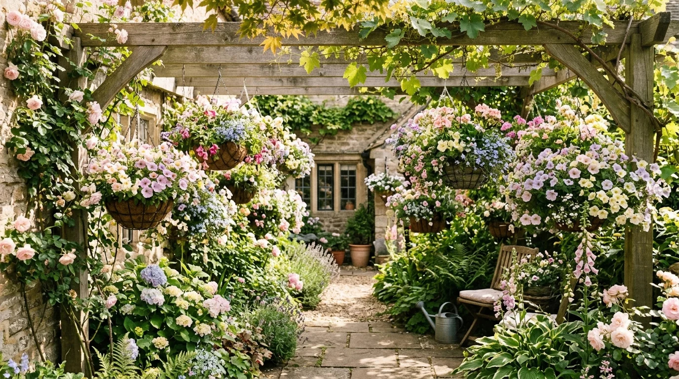 Hanging flower baskets adding soft layers.