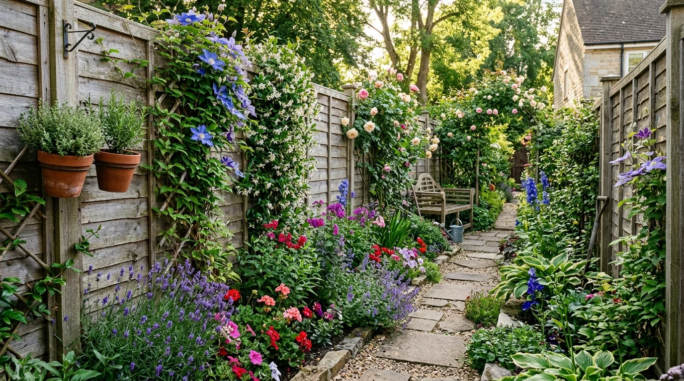 A fence line garden with layered cottage planting.