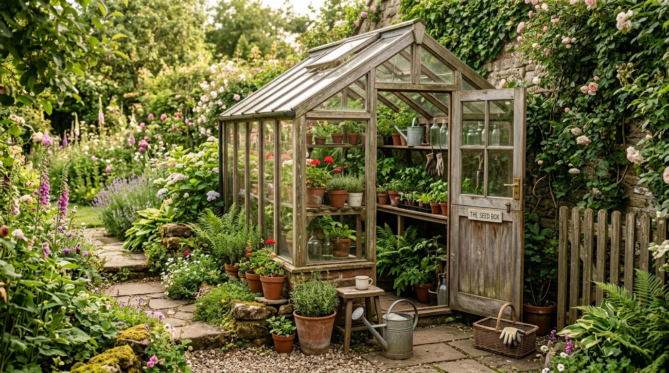 A mini greenhouse corner in a cottagecore garden.