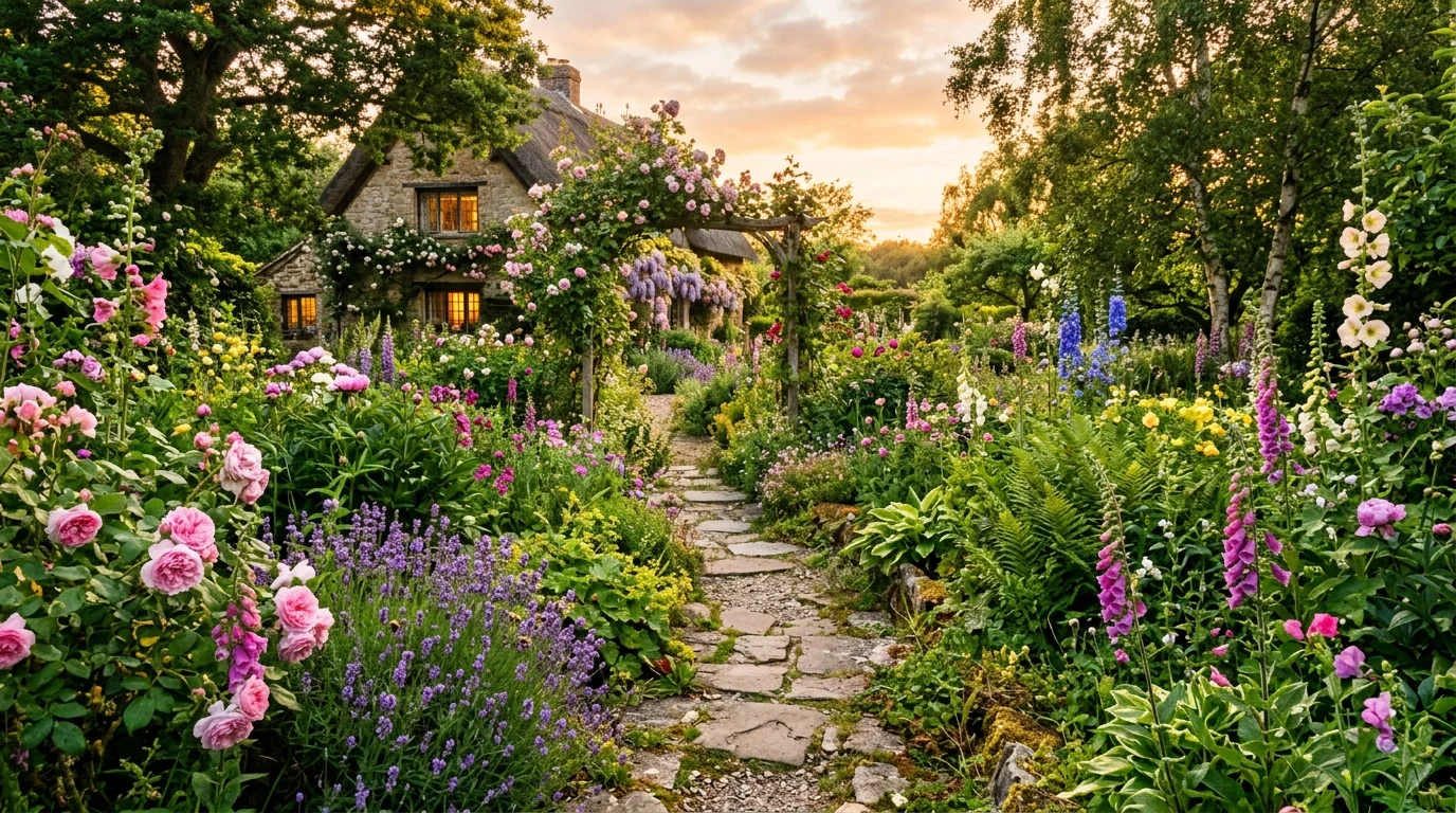 A stone pathway garden with cottagecore charm.