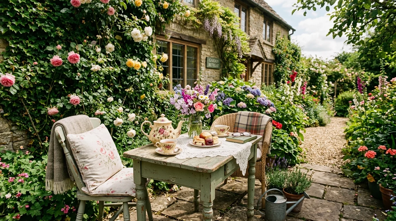 A tea garden setup in a small cottagecore space.