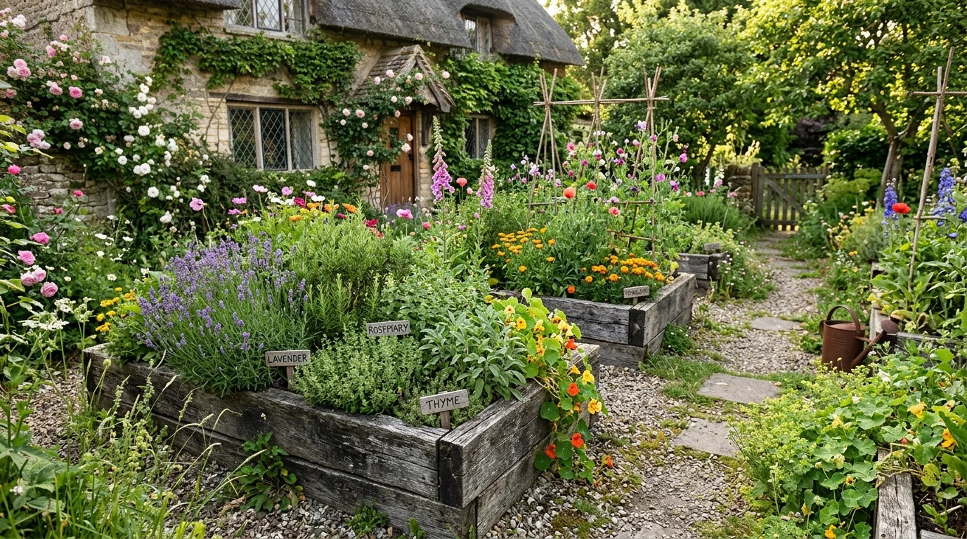 A raised bed cottage garden with mixed planting.