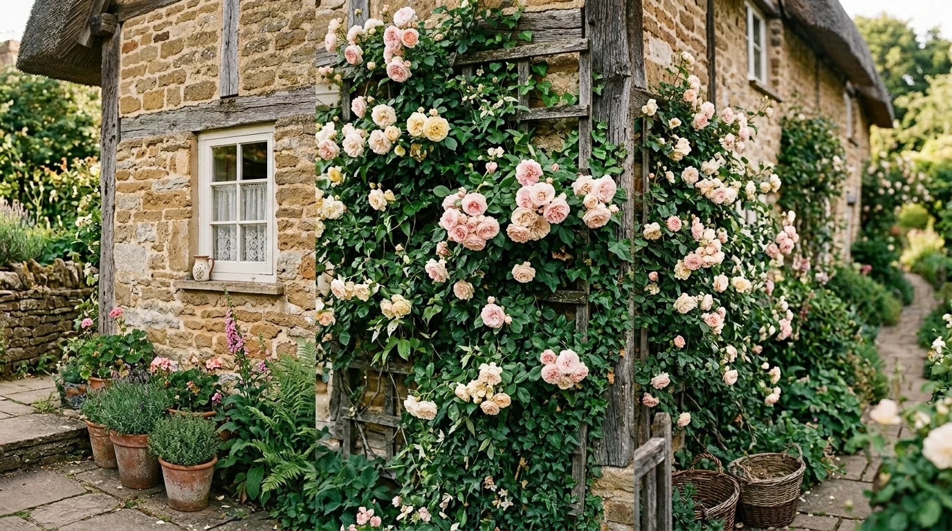 A vertical cottage garden wall with layered greenery.