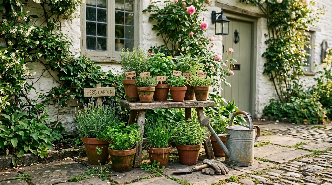 A mini herb corner styled in a cottagecore garden.
