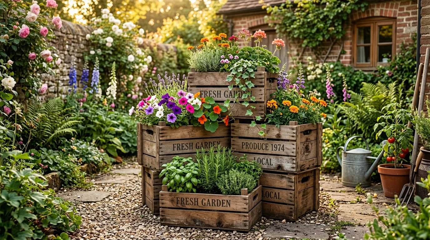 Rustic wooden crate planters in a cottagecore garden.