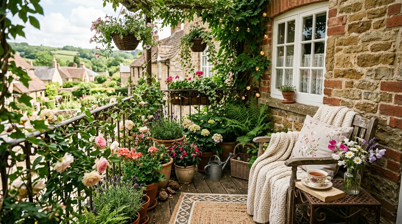 A cottage balcony garden with soft, charming styling.