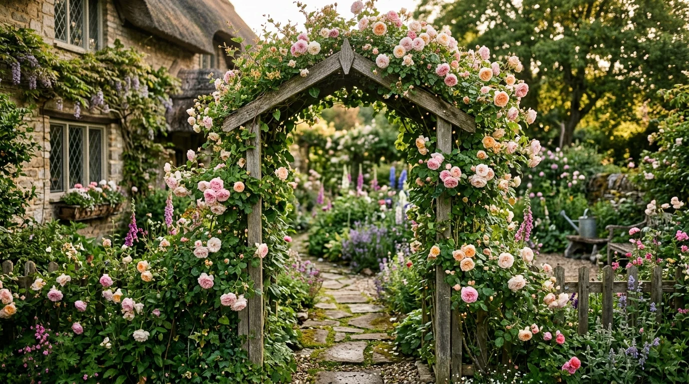A garden arch with climbers in a small cottage garden.