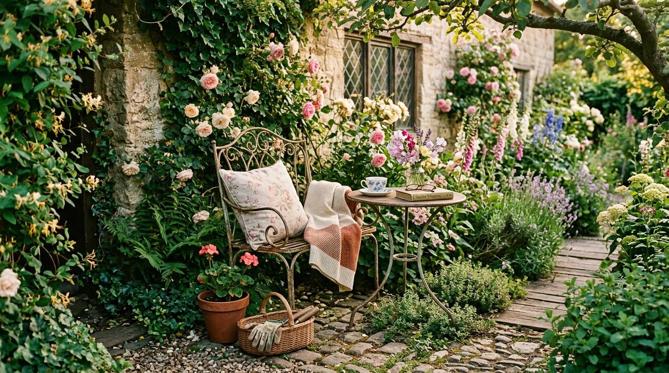 Vintage garden seating styled in a cottagecore setting.
