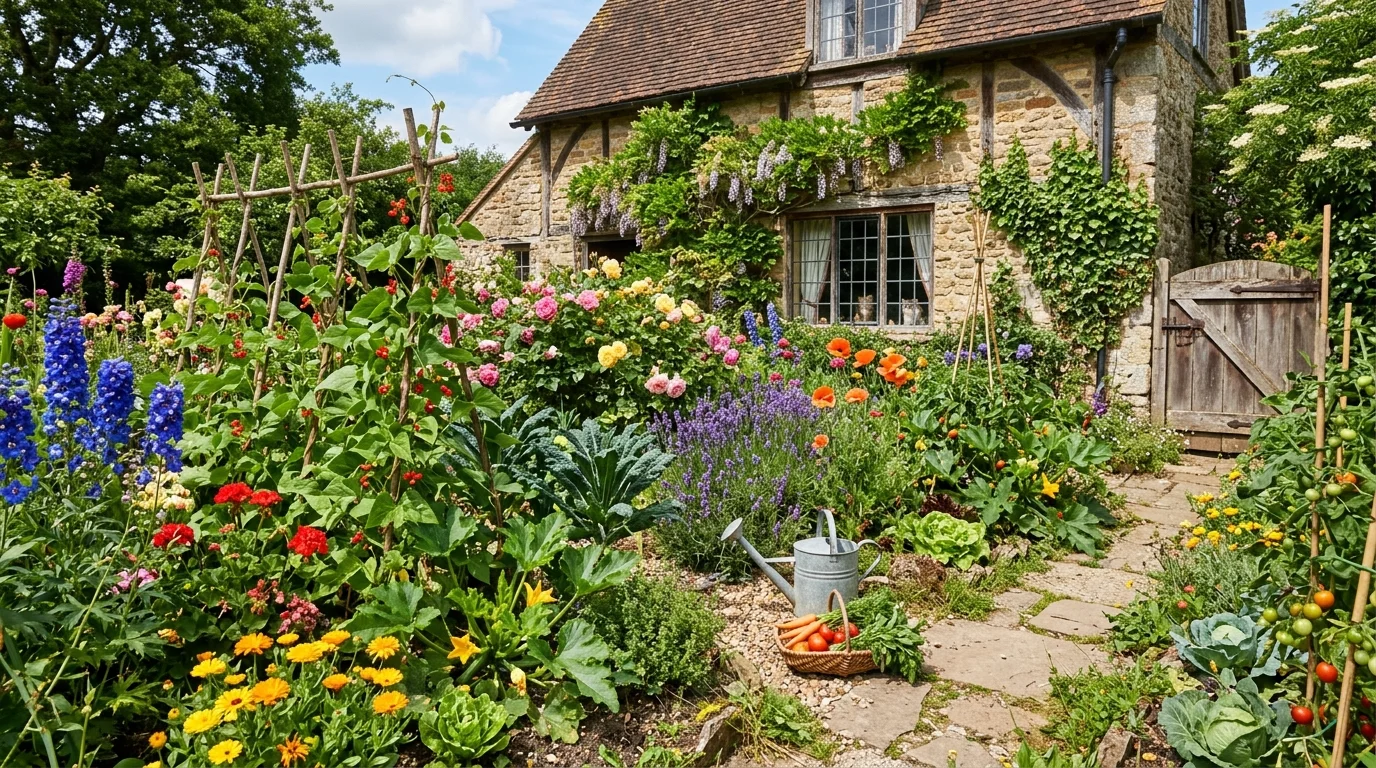 A mixed flower and vegetable garden with cottage charm.