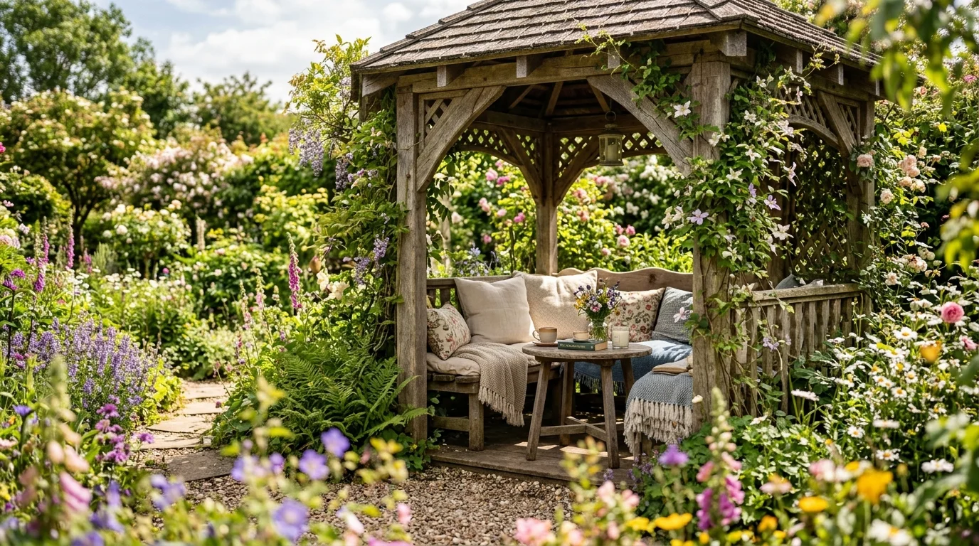 A rustic wooden gazebo creating a cozy garden retreat.