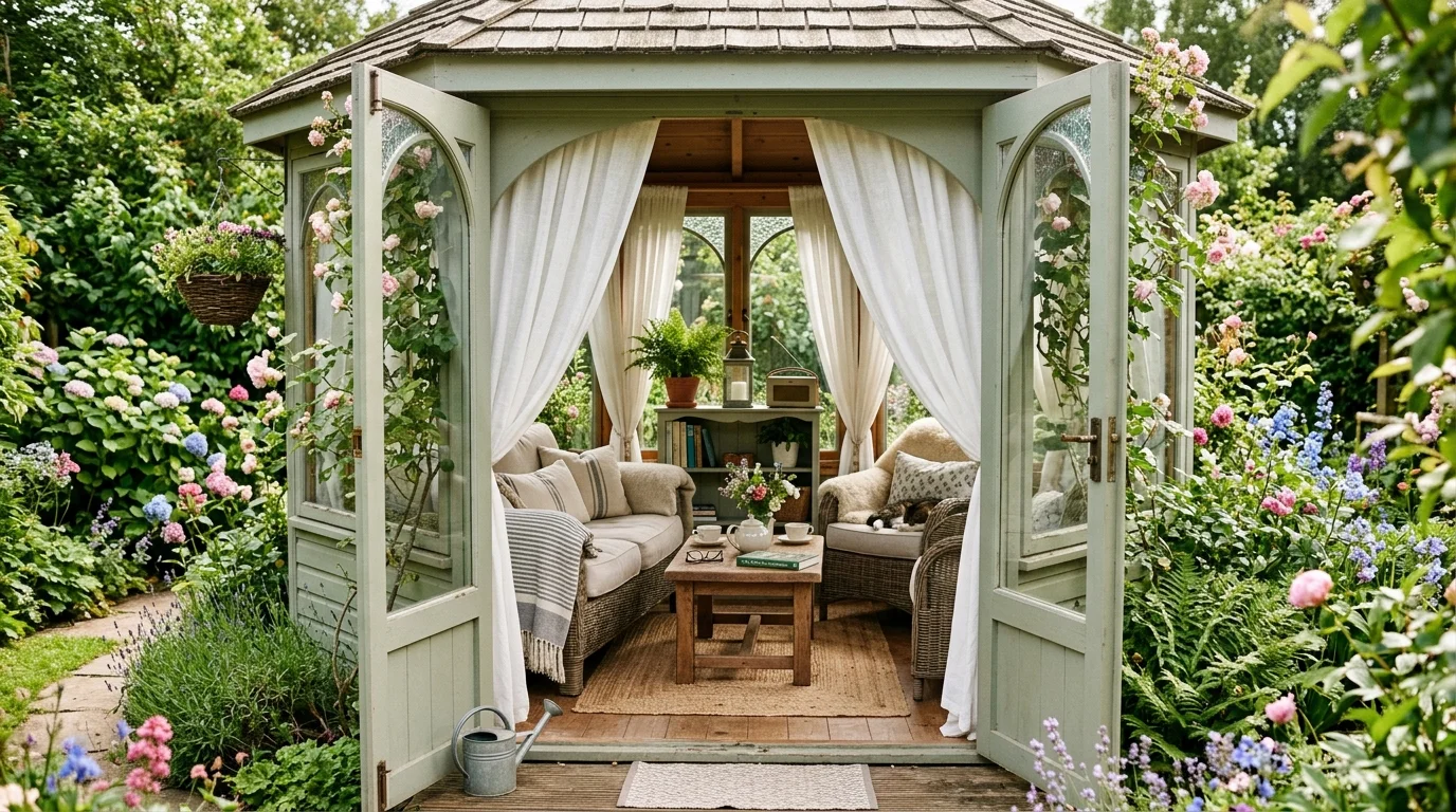 An enclosed cozy gazebo designed for a more sheltered outdoor retreat.