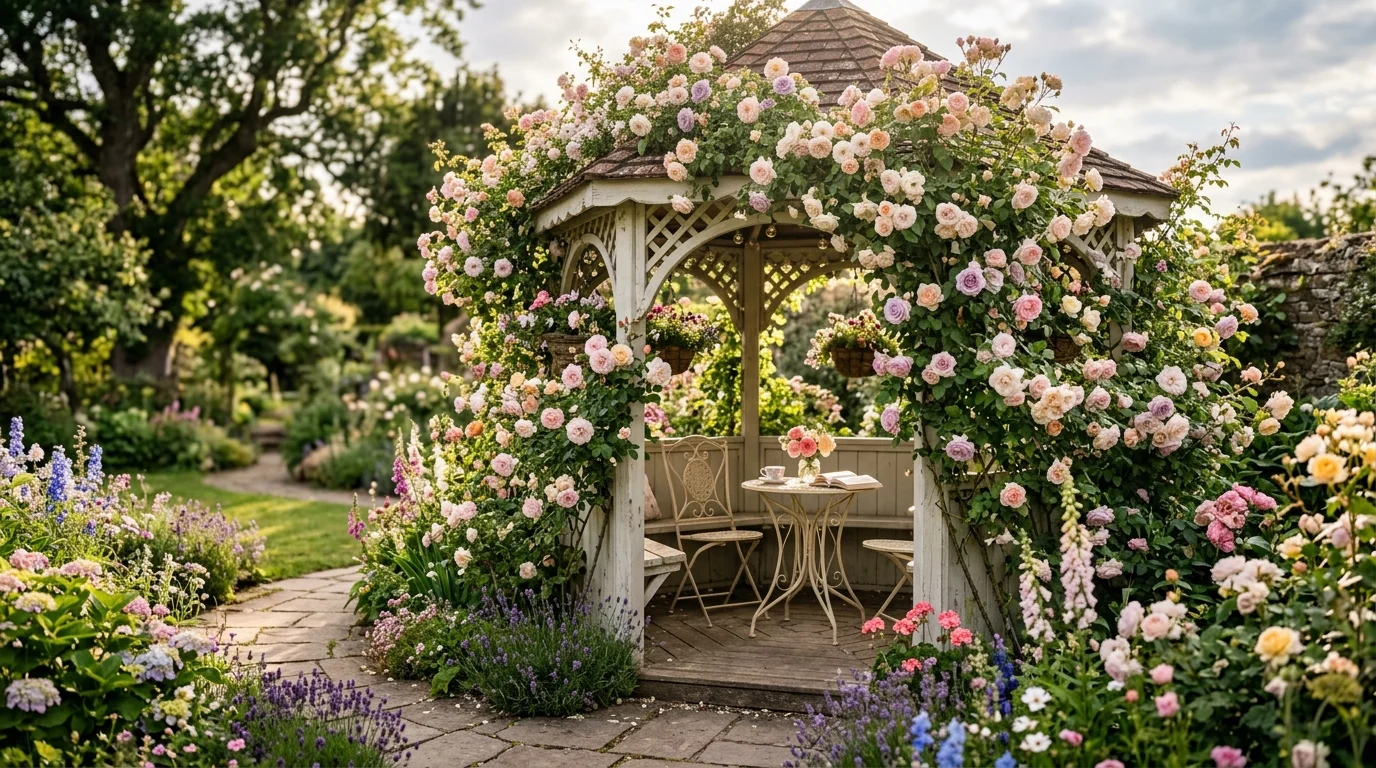 A floral covered gazebo surrounded by blooms for a soft garden retreat.