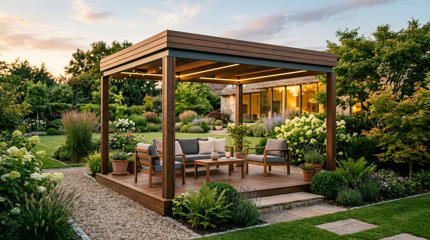 A minimalist modern gazebo offering a clean and calm garden focal point.