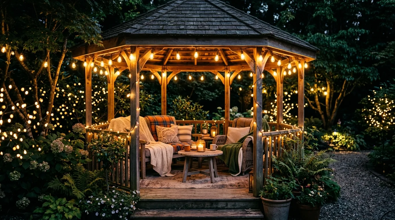 A cozy string light gazebo creating a warm evening atmosphere.
