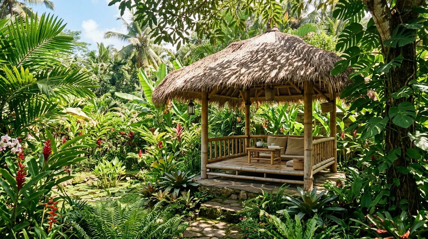 A natural bamboo gazebo creating a relaxed garden retreat.