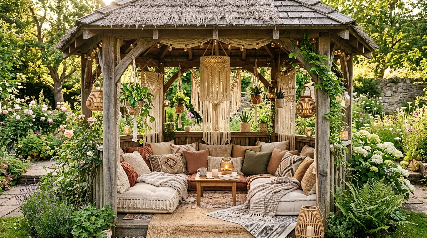 A boho style gazebo layered with textiles for a cozy outdoor nook.