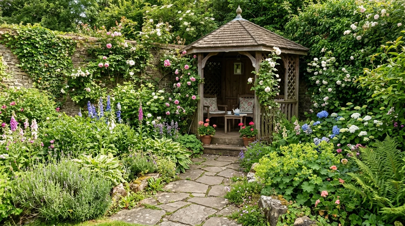 A corner garden gazebo maximizing a small backyard layout.