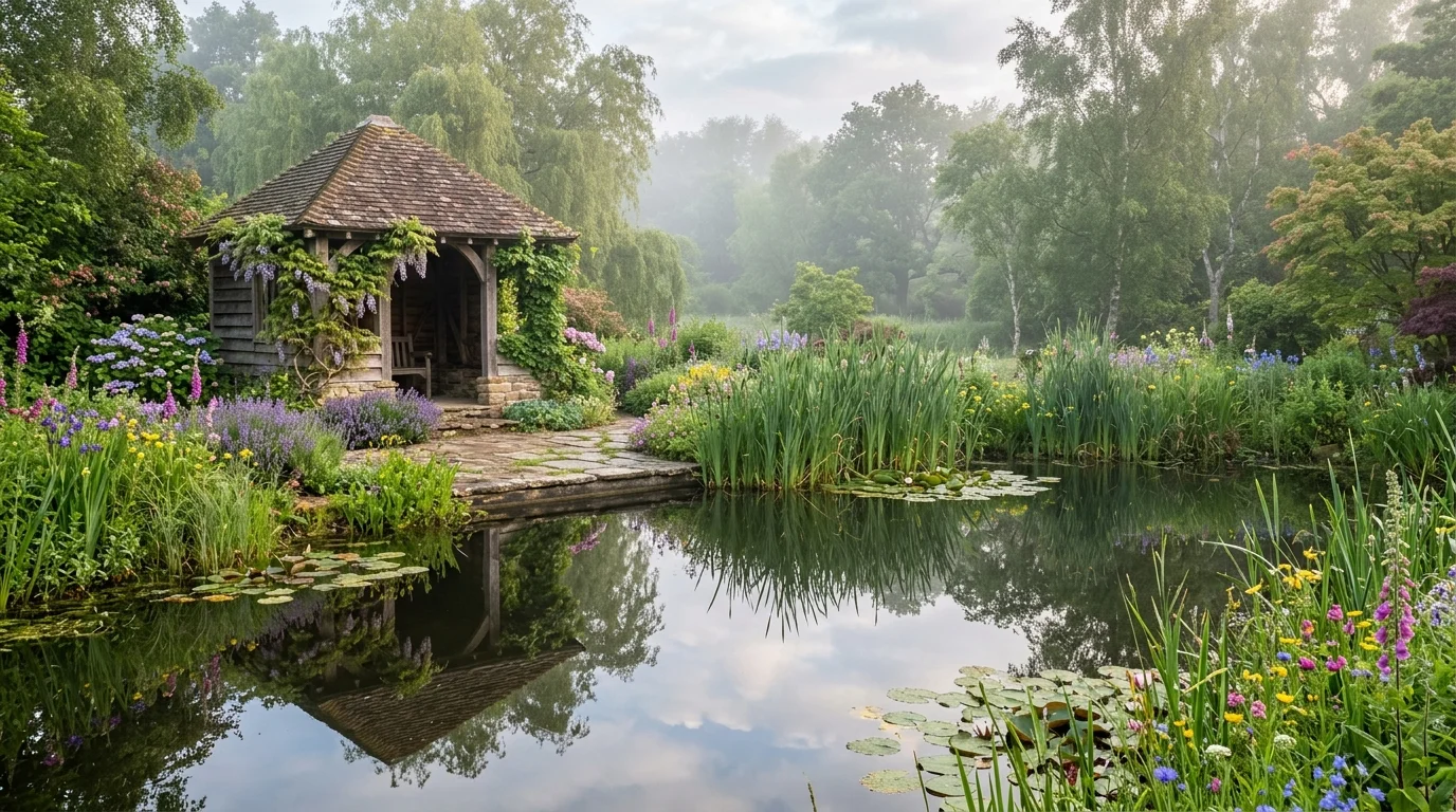 A water feature gazebo creating a peaceful garden retreat.