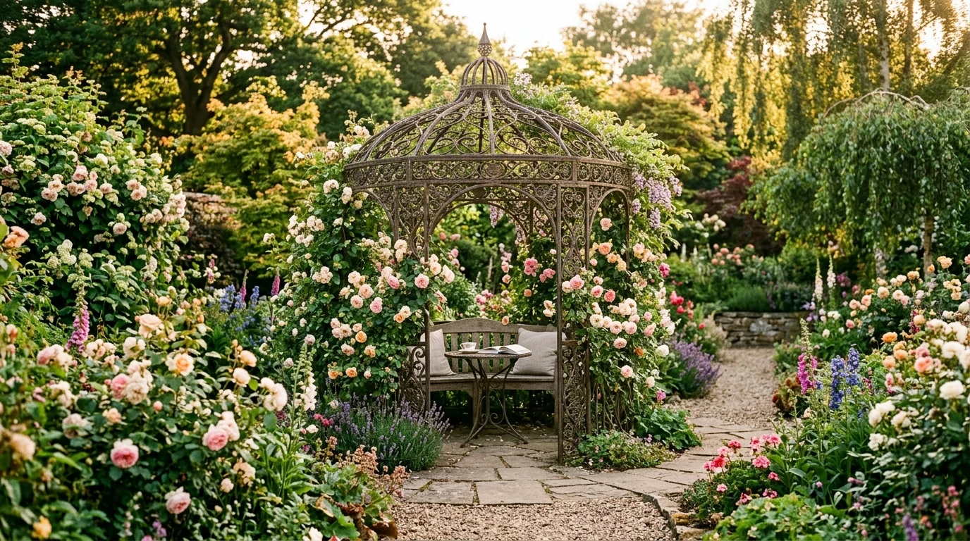 A vintage iron gazebo adding delicate structure to a small garden.