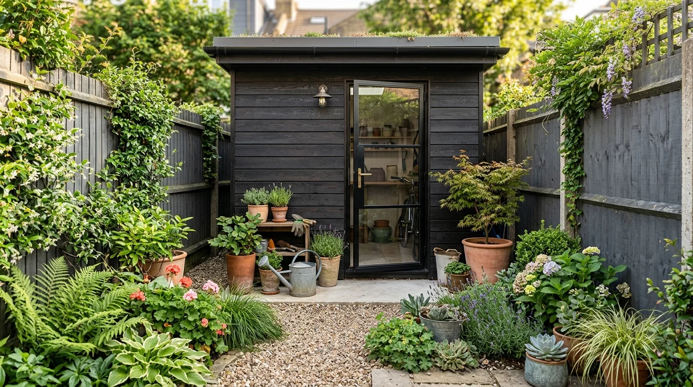 A compact modern garden shed designed for a tight yard.