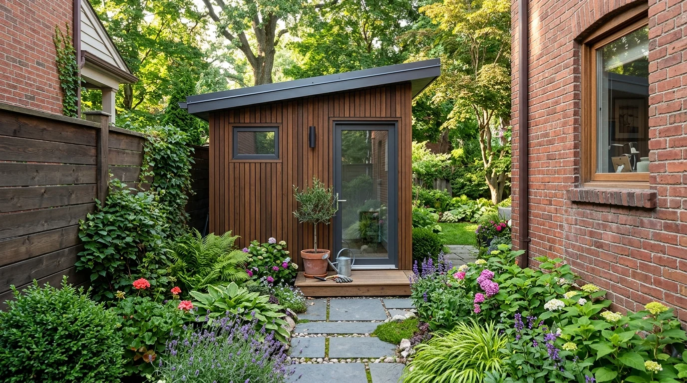 A small shed placed neatly into a narrow side yard for efficient use of space.