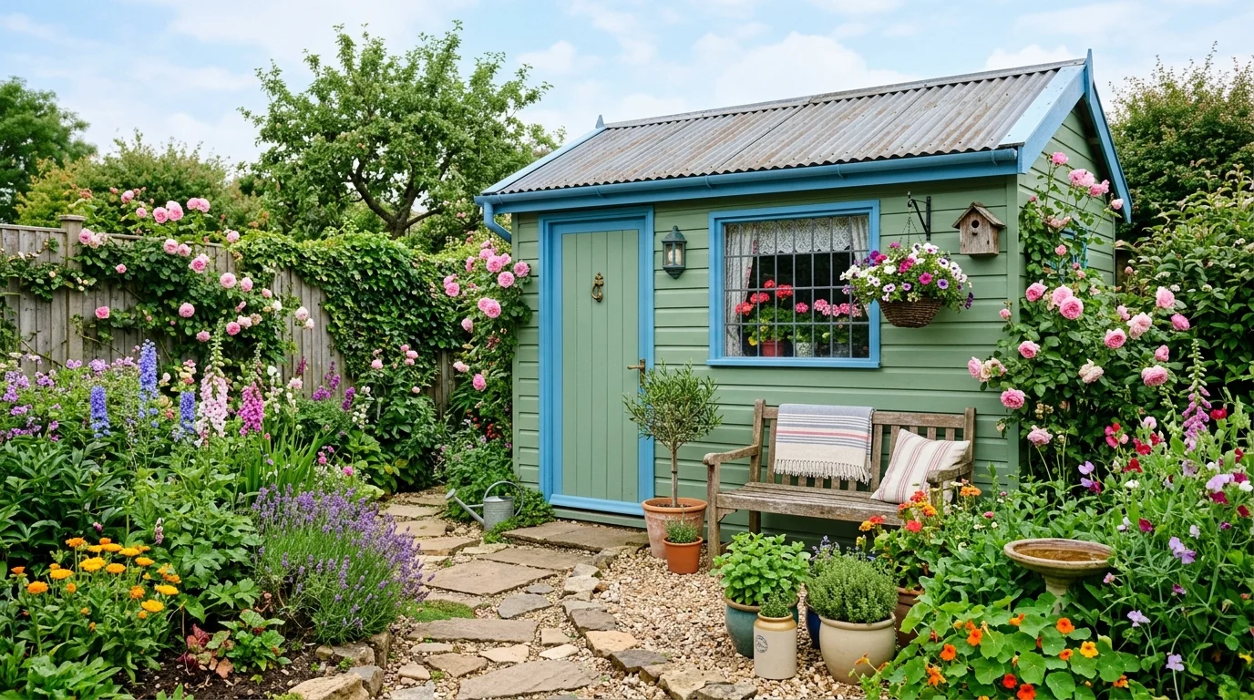 A colorful small shed adding personality to a tight backyard.