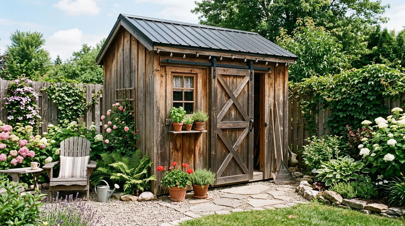 A small garden shed with sliding door for better use of tight space.
