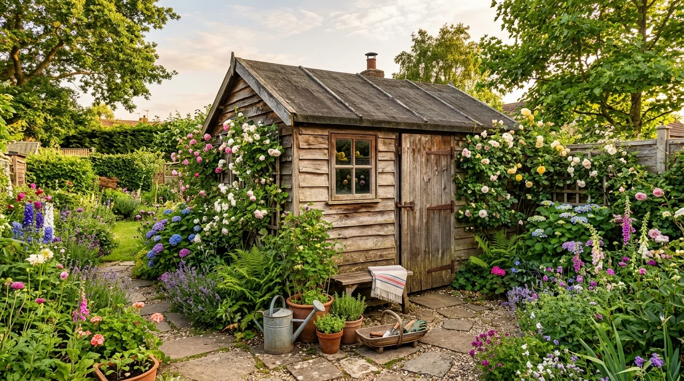 A tiny rustic wooden shed adding charm to a small backyard.