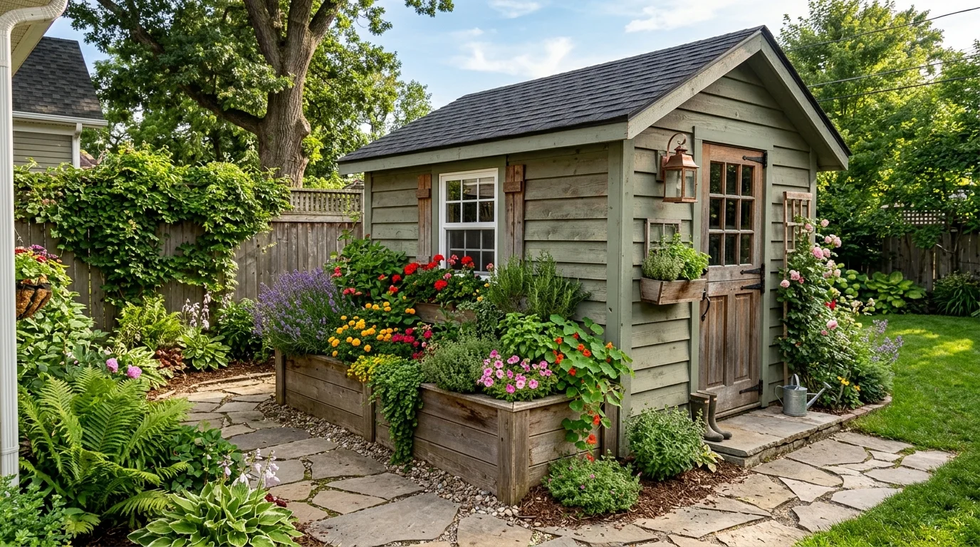 A small shed with built-in planters softening the structure with greenery.