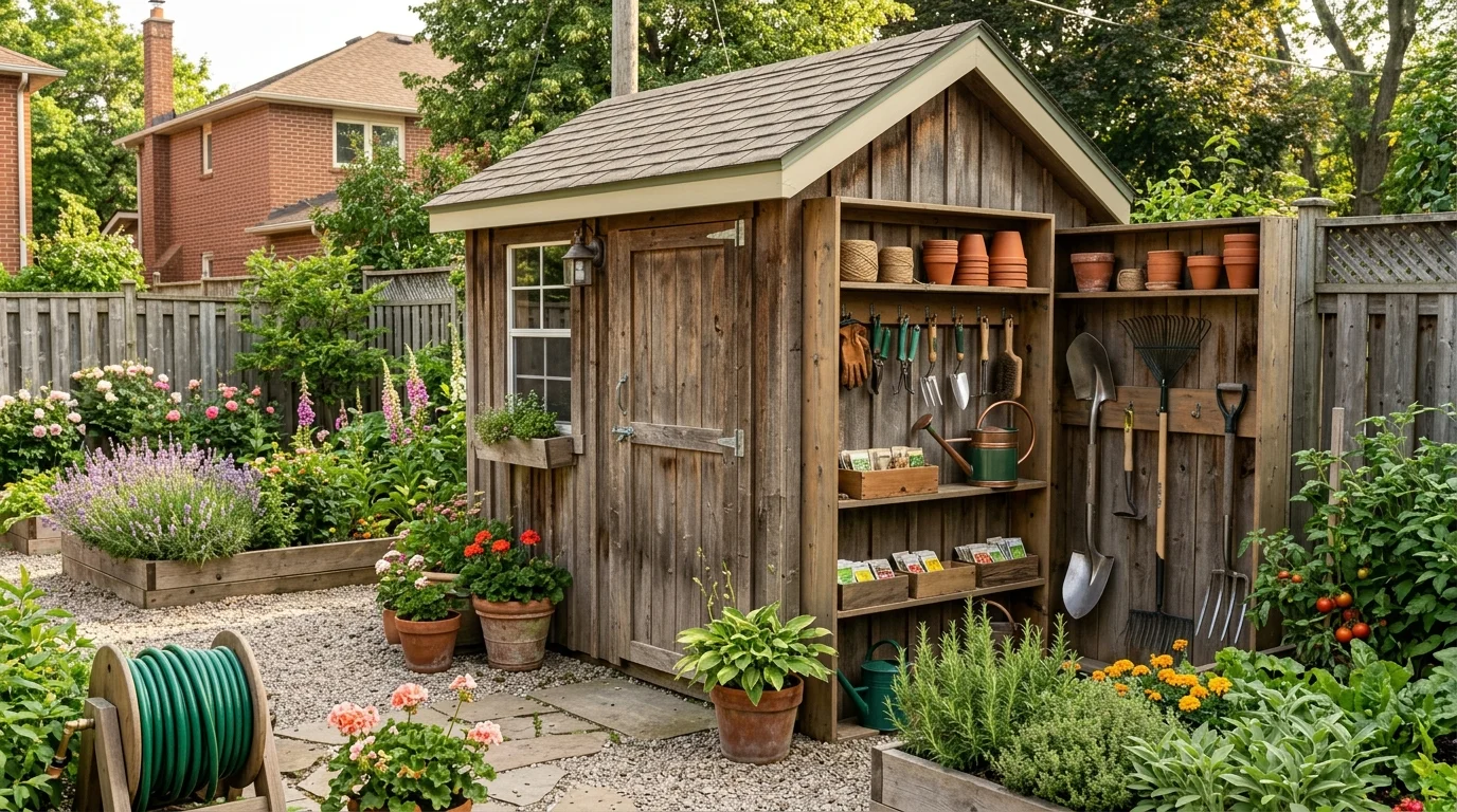 A small shed using vertical storage to make the interior more efficient.