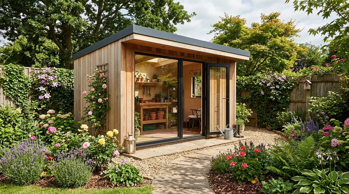 A modern small shed with a window creating a brighter more open feel.