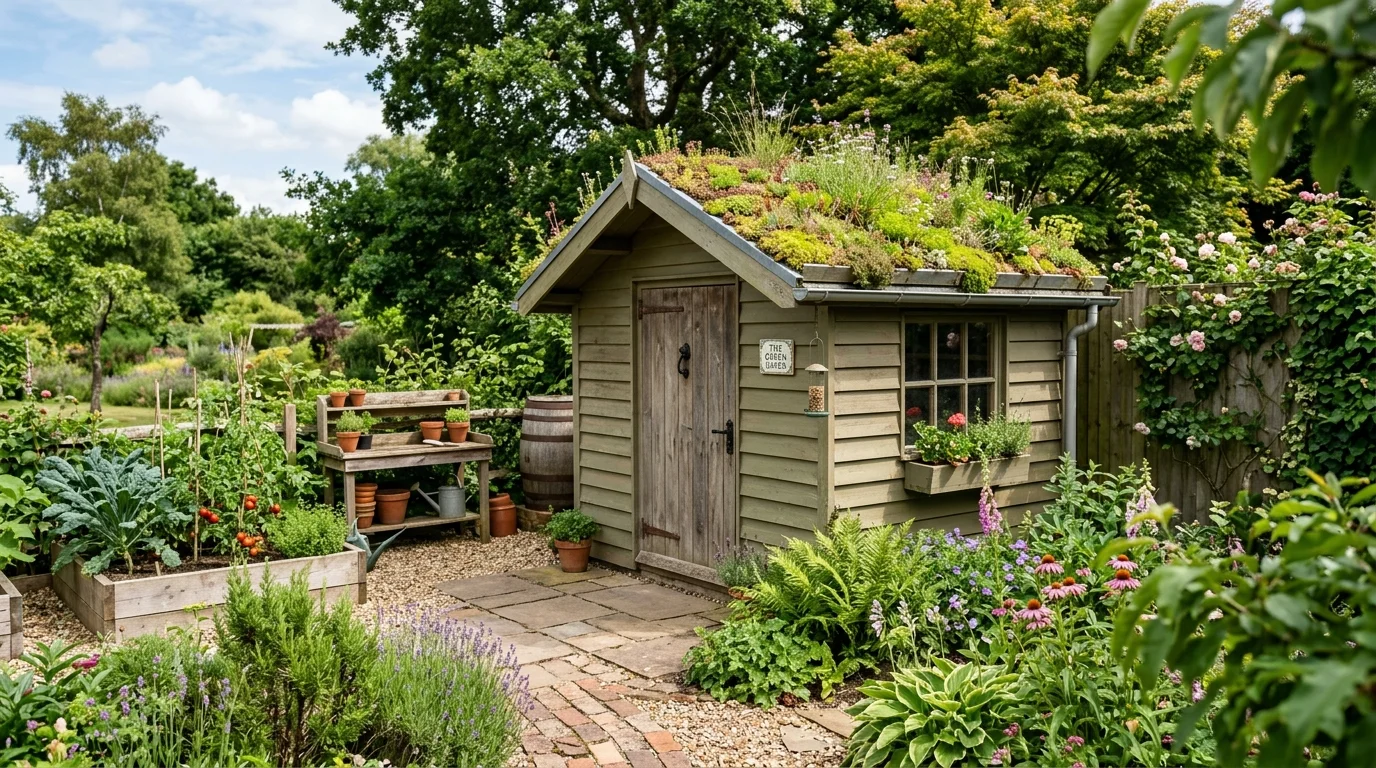 A small shed with a green roof blending better into a compact garden.