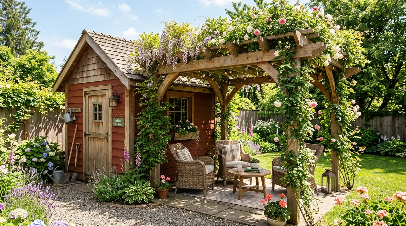 A small shed with pergola extension creating a more useful backyard feature.
