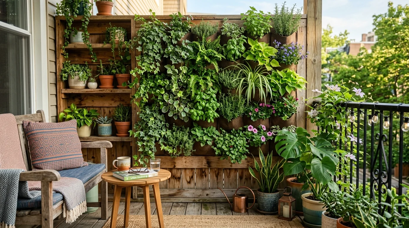 A vertical gardening wall designed for a compact outdoor space.