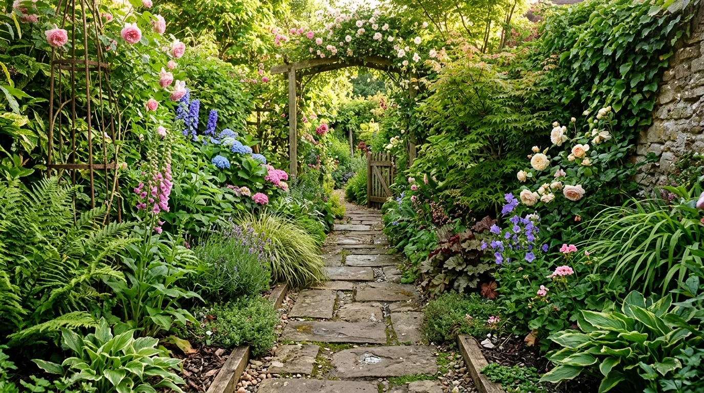 A pathway garden layout that keeps a small space organized.